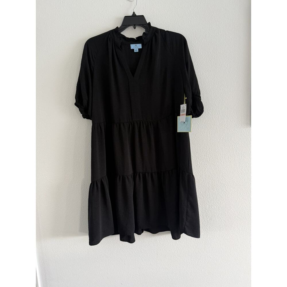 CeCe Ruffle Puff Sleeve V-Neck Tiered Mini Dress Black Women's Size 2X NWT